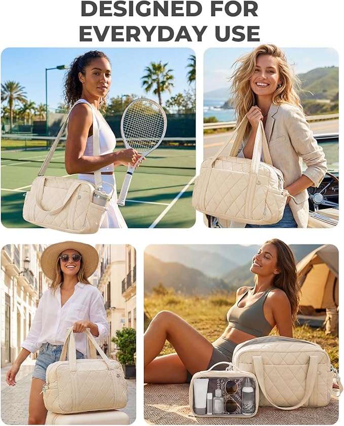 Percover Women Gym Bag with Toiletry Organizer Pouch, Quilted Workout Duffle with Compartments for Daily Fitness & Yoga, Locker-Friendly Soft Carry, Ivory Beige