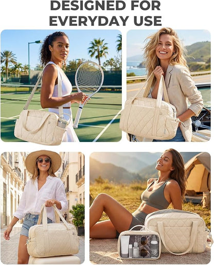 Percover Women Gym Bag with Toiletry Organizer Pouch, Quilted Workout Duffle with Compartments for Daily Fitness & Yoga, Locker-Friendly Soft Carry, Ivory Beige