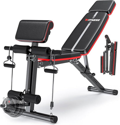 XDDIAS Adjustable Weight Bench, Workout Bench with Leg Extension and Preacher Curl Pad, Weight Bench for Home Gym, Foldable Exercise Bench, Quick Adjustment Incline Bench Press