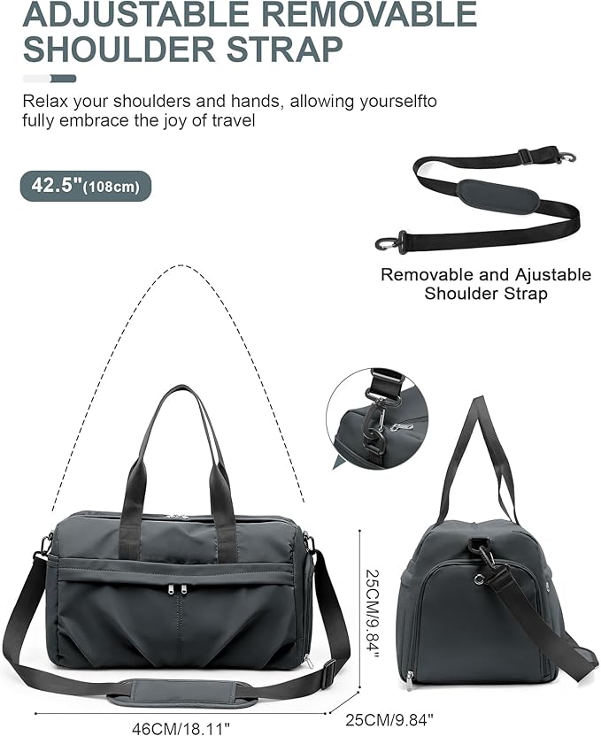 Gym Bag for Women Men with Shoe Compartment, Sport Duffel Bag, Waterproof Travel Weekender Overnight Carry on Bag for Yoga with Trolley Sleeve, Grey