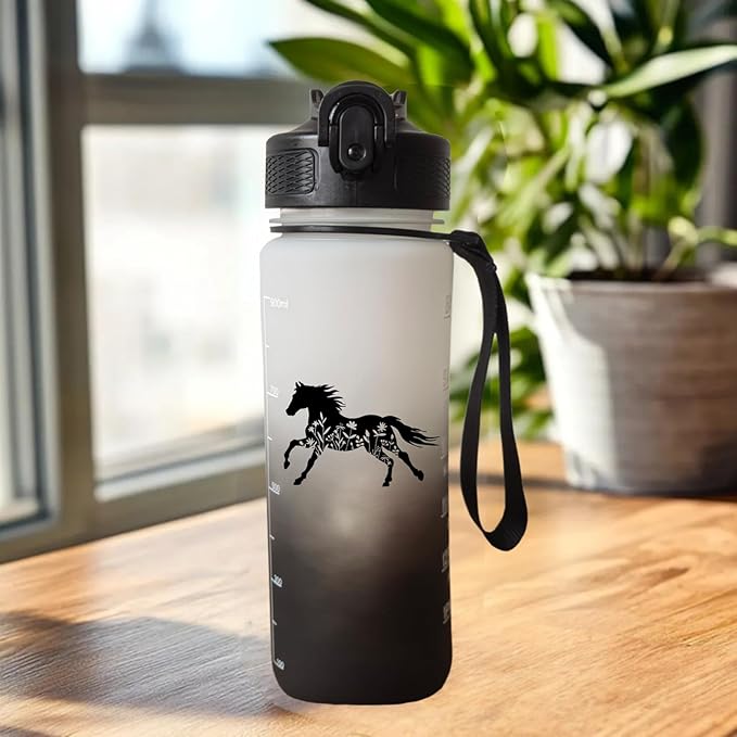 Floral and Horse 32 oz Water Bottle with Times Marker to Drink and Straw, Carrying Strap, Leakproof BPA-Free, Ensure You Drink Enough Water for Fitness, Gym, Camping, Outdoor Sports