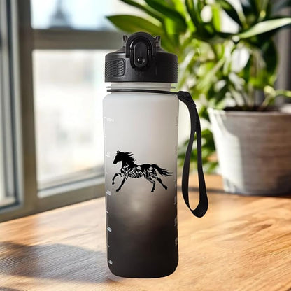 Floral and Horse 32 oz Water Bottle with Times Marker to Drink and Straw, Carrying Strap, Leakproof BPA-Free, Ensure You Drink Enough Water for Fitness, Gym, Camping, Outdoor Sports