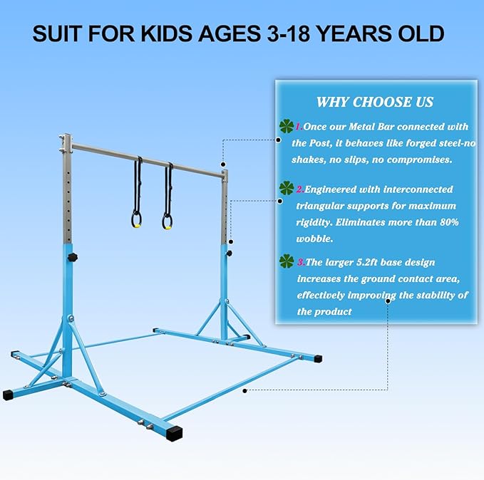 Gymnastics Bar for Kids Girls Ages 3-15 with Ring for Home Indoor Training Equipment- Steady Steel Construction, Anti-Slip, Easy to Assemble, 3' to 5' Adjustable Height
