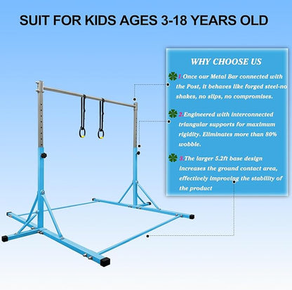 Gymnastics Bar for Kids Girls Ages 3-15 with Ring for Home Indoor Training Equipment- Steady Steel Construction, Anti-Slip, Easy to Assemble, 3' to 5' Adjustable Height