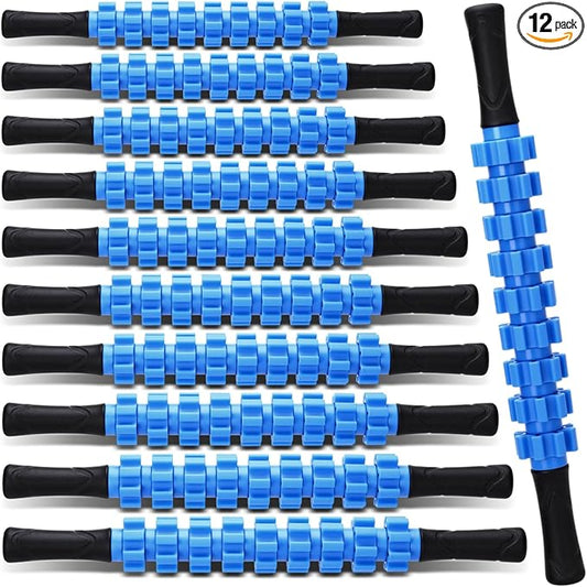 Hiboom 12 Pack Muscle Roller Stick with 9 Independent Rollers Massage Stick Anti-Slip Grip for Yoga Fitness Recovery Lymphatic Drainage Leg Back Pain Relief Athletes Runners Physical Therapy(Blue)
