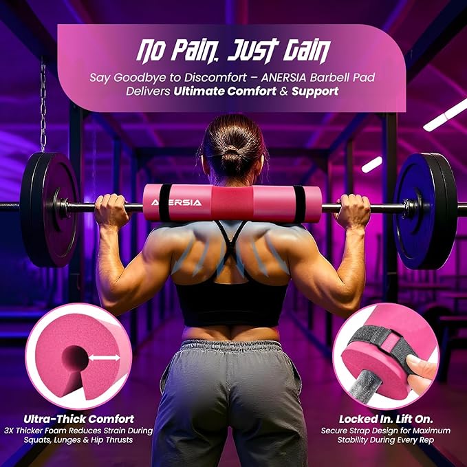 Barbell Pad for Squats & Hip Thrusts – 1.2” Extra-Thick High-Density Foam – Non-Slip Neck & Shoulder Support Cushion – Fits Olympic & Standard Bars – Quick On/Off Design + 2 Securing Straps