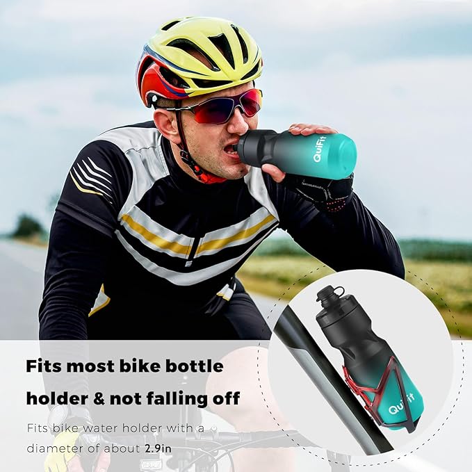 QuiFit Squeeze Water Bottle 2-Pack, Leak Proof Mountain Bike Water Bottle Plastic with Dust Cover, BPA Free, Fits Most Bike Cup Holders, for Outdoors, Riding, Gym(Black+Black Green, 24oz)