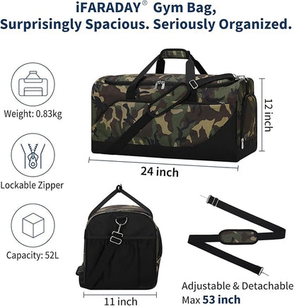 52L Men's Gym Bag with Shoe Compartment - 24-inch Duffle Bag for Travel, Sports, Fitness & Workout (Camo)