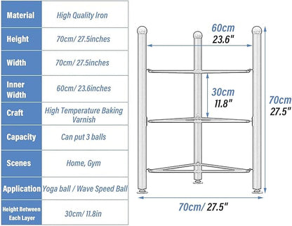 Exercise Half Balance Ball Trainer Holder Storage Rack - Home Fitness Gym Workout Equipment 3/5/6/7 Tier Floor Stand Corner Storage Organizer for Basketball Bowling Medicine Yoga Bosu Balls(Gold,3 lay