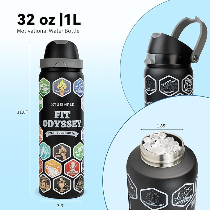 Motivational Insulated Stainless Steel Water Bottle – 2-in-1 Straw & Push-Button Lid, Leakproof, BPA-Free, Keeps Drinks Cold 30H, Perfect for Gym, Sports & Travel (Black, 32 Ounces)
