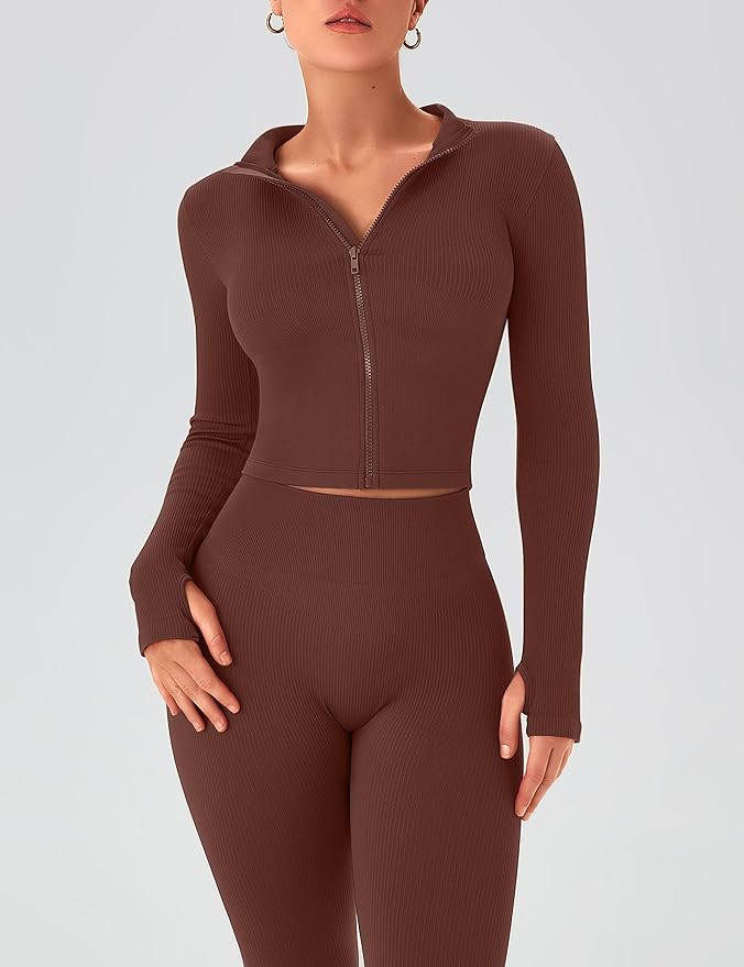 OLCHEE Womens Workout Sets 2 Piece Seamless Ribbed Long Sleeve Yoga Outfits High Waist Leggings Zipper Jacket Thumb Hole Gym