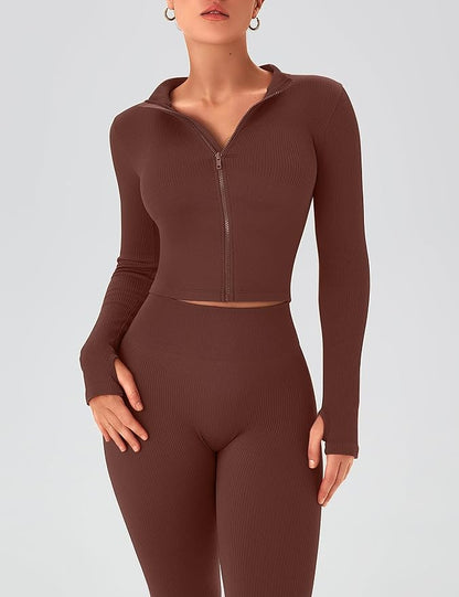 OLCHEE Womens Workout Sets 2 Piece Seamless Ribbed Long Sleeve Yoga Outfits High Waist Leggings Zipper Jacket Thumb Hole Gym