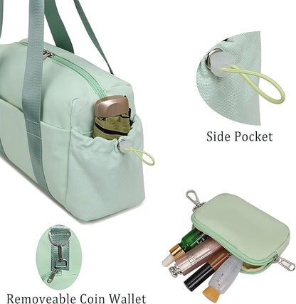 Everyday Mini Gym Bag for Women 2.0, Small Tote with Zipper Compartment Waterproof Travel Duffle Cute Handbag Workout Carry On with Removeable Shoulder Strap & Coin Wallet Easy to Clean - Green