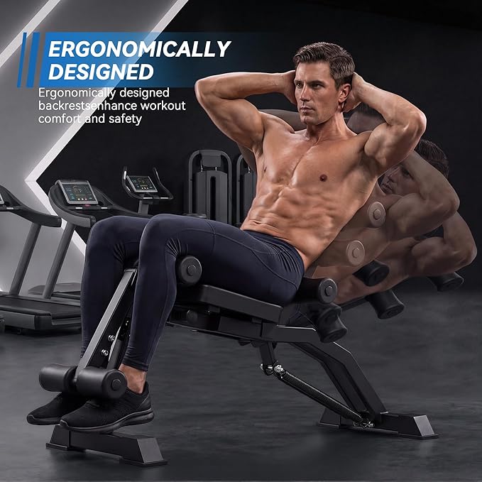 Adjustable Ab Bench for Home Gym, Multi-Functional Sit Up Bench with Height & Angle Adjustment, Foldable Core Trainer with Foam Rollers for Abdominal Workout, Back Extension & Full-Body Training