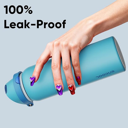 Insulated Water Bottle with Straw - Encool Stainless Steel Water Bottle with Push Button Lid, Leak-Proof & BPA-Free, Keeps Cold for 24 Hours for Sports, Travel, Gym (40 oz, Silk Blue)
