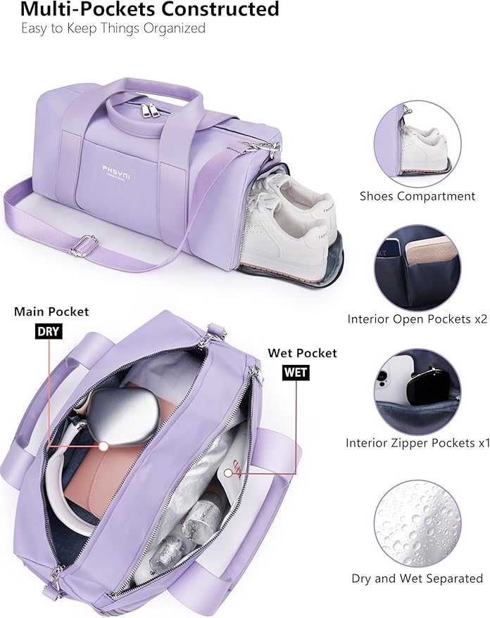 Sports Small Gym Bag for Women Girls Kids Duffle Bag for Fitness Workout, Travel, Dance, Ballet, Swim with Shoes Compartment & Waterproof Pocket, 16" Cute Purple