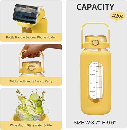 42oz/52oz/64oz Glass Water Bolttles with Straw Half Gallon Large Motivational Water Bottle with Time Marker Sports Water Bottles with Silicone Sleeve and Handle Lid Water Jug for Gym Workout