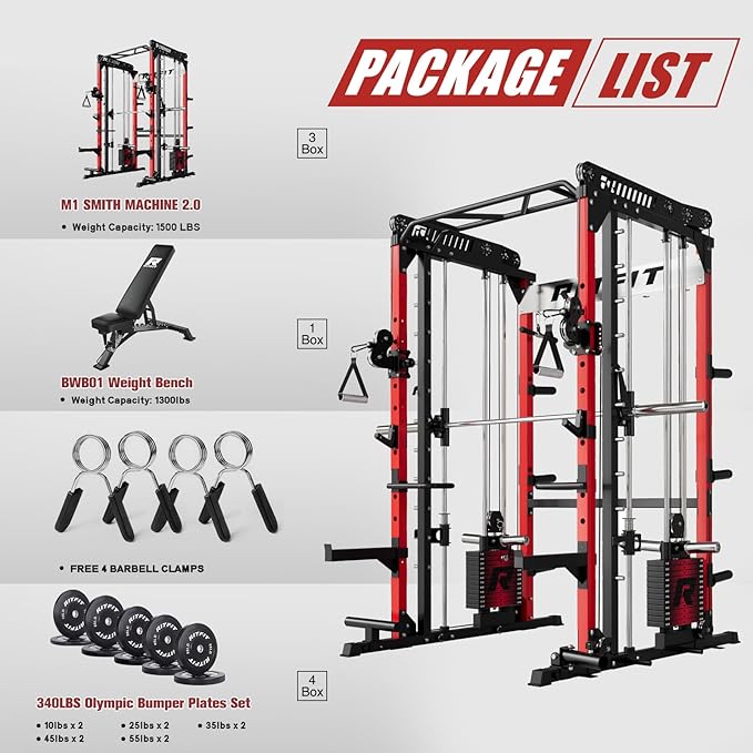 RitFit M1 Pro Smith Machine Package, All-in-One Power Cage with Weight Stack Set, Includes LAT Pulldown & Cable Crossover System for Home Gym