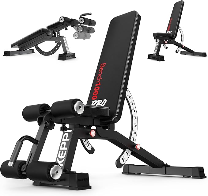 Keppi 1200LB Weight Bench, Heavy Duty Bench1000 PRO Adjustable Workout Bench Press Set for Home Gym Strength Training, Removable Foot Catch for Incline Flat Decline Sit Up Bench for Full Body Fitness