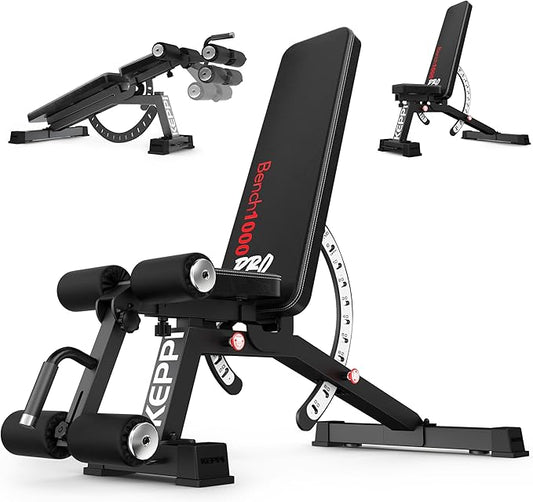 Keppi 1200LB Weight Bench, Heavy Duty Bench1000 PRO Adjustable Workout Bench Press Set for Home Gym Strength Training, Removable Foot Catch for Incline Flat Decline Sit Up Bench for Full Body Fitness