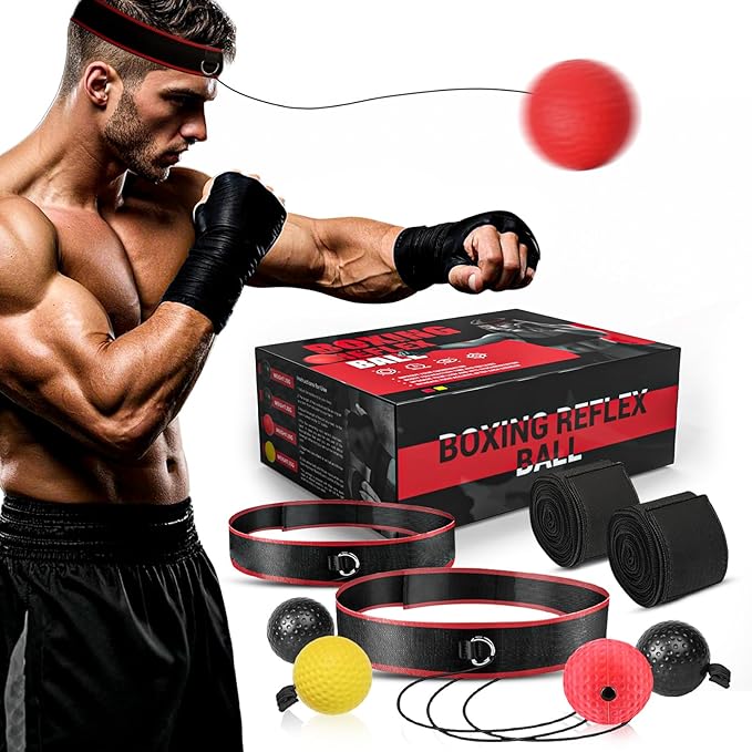 KTEBO® Boxing Reflex Ball Headband Set - Includes 4 Different Balls and 2 Adjustable Headbands for Beginner Proficiency Improvement, Great Boxing Equipment