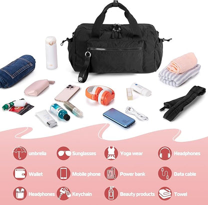 Small Gym Bag for Women, Mini Duffle Bag with Wet Compartment, 12L Travel Carry on Weekender Bag for Sports, Workout and Fitness, Black