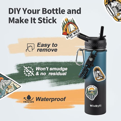20 oz Insulated Water Bottle with Straw (Cold for 24 Hrs), Stainless Steel Triple Wall Vacuum Sports Water Jug, Leakproof Hydro Cup Flask with Paracord Handle & Straw Spout Lids & DIY Stickers