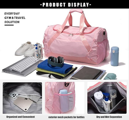 Gym Bag for Women Men Duffle Bag for Travel with Shoes Compartment and Wet Pocket Small Carry on Weekender Bags for Sports Overnight Fitness Yoga Dance Workout Swimming Hospital Tote (Pink)