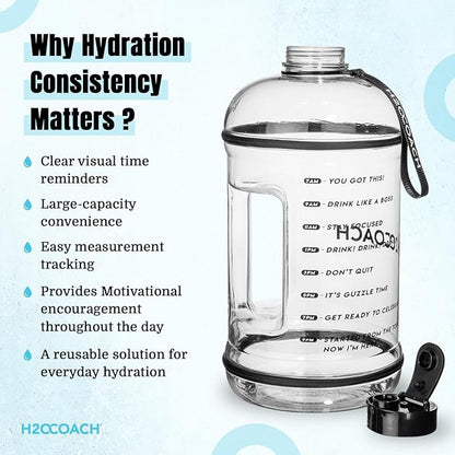 H2OCOACH 1 Gallon Hydration Jug with Time Marker & Measurements, BPA-Free Tritan Sports Drink Container, Motivational Daily Intake Tracker for Gym, Workout, & Fitness Routines (128 oz)