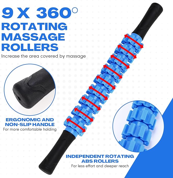 Hiboom 12 Pack Muscle Roller Stick with 9 Independent Rollers Massage Stick Anti-Slip Grip for Yoga Fitness Recovery Lymphatic Drainage Leg Back Pain Relief Athletes Runners Physical Therapy(Blue)