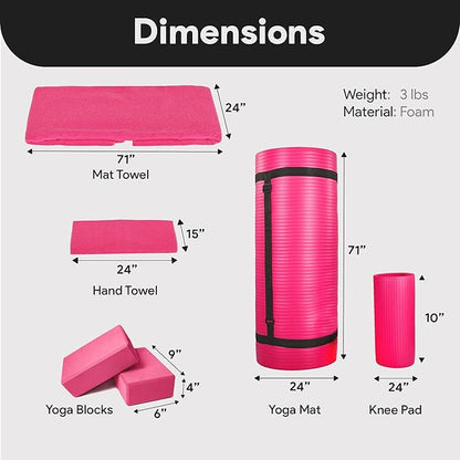 BalanceFrom 7-Piece Yoga Set with 71x24x0.5 Inches Extra Thick Mat and Carrying Sling – Includes 2 Blocks, Stretch Strap, 2 Towels, and Knee Pad for Home, Studio, and Gym Workouts
