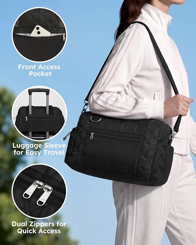 Puffer Gym Bag for Women, Quilted Weekender Bag for Travel, Lightweight Carry on Duffle for Sports Workout Dance Ballet Yoga Gymnastics Hospital with Wet Pocket, Black