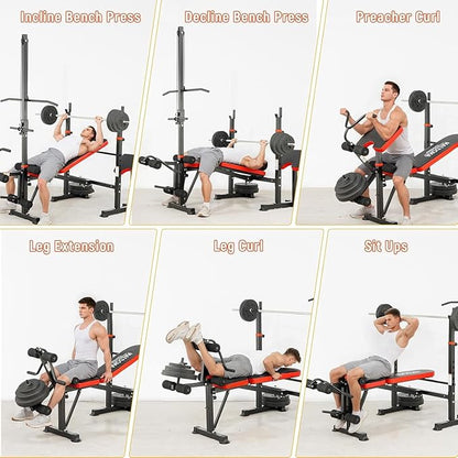 Foldable 1500LBS 8 IN 1 Olympic Weight Bench Set with Squat Rack, Leg Extension/Curl & Preacher Curl, Adjustable Bench Press Set with Safety Bar Catches for Home Gym Full Body Workout