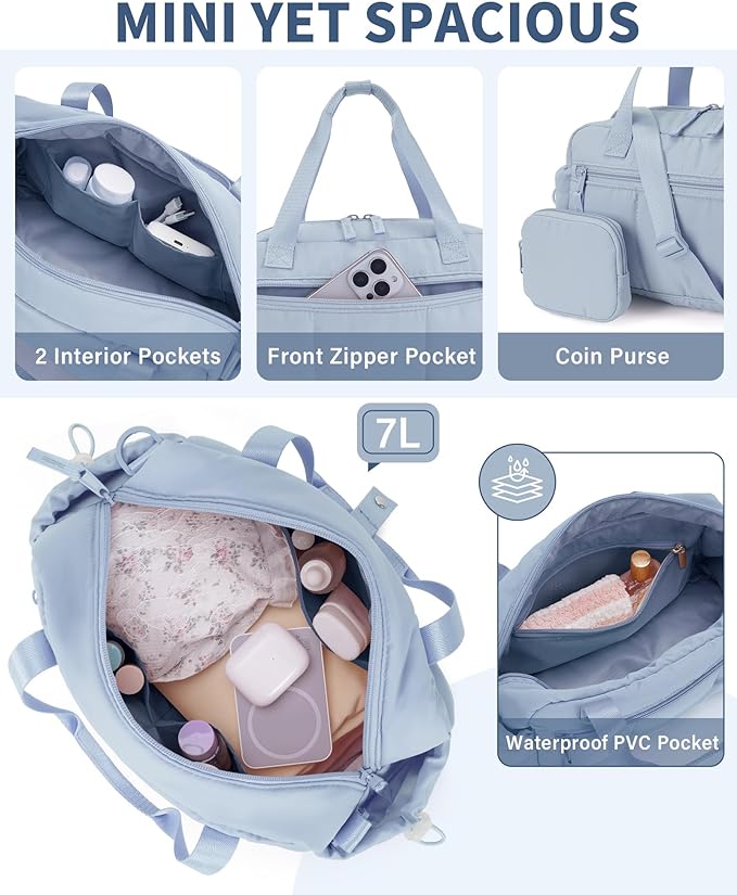 Ceneda Small Gym Bag for Women, Quilted Puffer Tote with Wet Pocket & Coin Purse, Lightweight Mini Sports Travel Duffle with Crossbody Strap, Water-Resistant for Workout, Yoga, Daily Commute