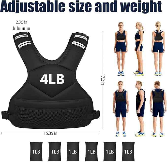Adjustable Weighted Vest for Women Men, 4-10lb/12-18lb/ Vest with 6 Ironsand Weights, Weight Vest with Reflective Strip for Running, Walking, Exercise, Strength Training