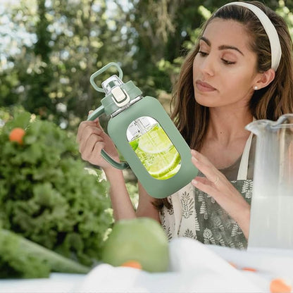 64 oz Glass Water Bottle with Handle and Straw Large 2L Water Bottle with Time Markers and Silicone Sleeve Half Gallon Water Jug BPA Free for Gym Daily Use