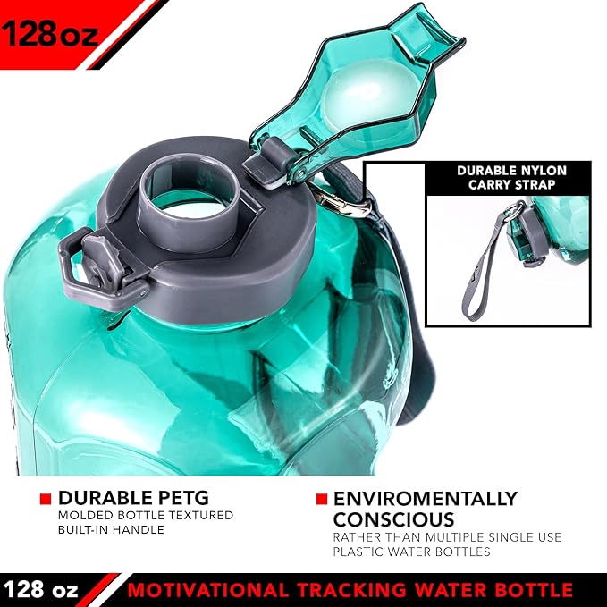 JFIT BPA Free Reusable Sports Water Bottle w/Time Markers, Leakproof Flip-Top Lid & Carry Strap – Durable PETG, 2.28" Wide-Mouth for Ice – Eco-Friendly, Odor-Free & Easy to Clean