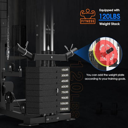 SunHome Smith Machine, Power Cage Squat Rack with Smith Bar, LAT Pull-Down Systems, Cable Crossover Machine and Cable Attachment for Home Gym