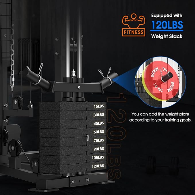 SunHome Smith Machine, Power Cage Squat Rack with Smith Bar, LAT Pull-Down Systems, Cable Crossover Machine and Cable Attachment for Home Gym