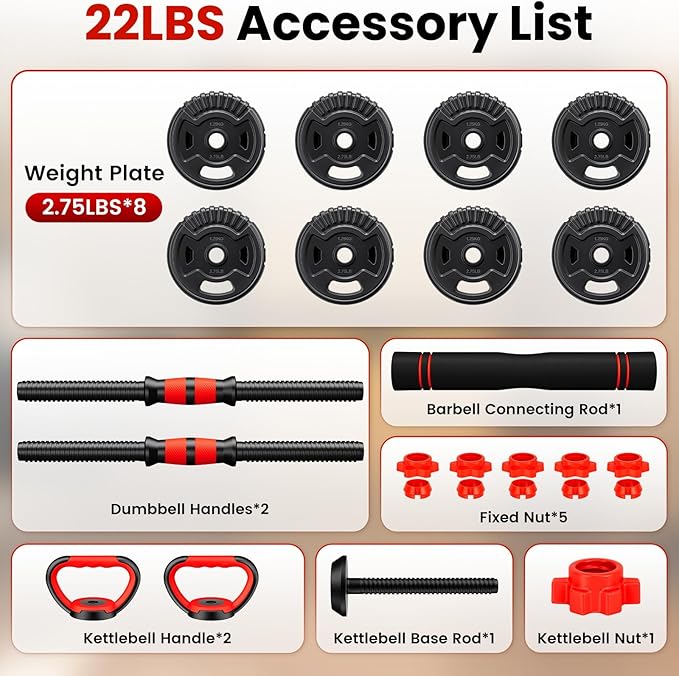 Adjustable Dumbbell Set, 22/33/45/70/90lbs Free Weight Set with Connector, 5-in-1 Dumbbell Set for Barbells, Kettlebells, Push up Stand, Weight Plate, Fitness Exercises for Home Gym Suitable Men/Women