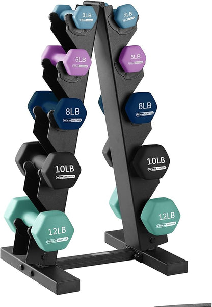 HolaHatha 2, 3, 5, 8, and 10 Pound Neoprene Dumbbell Free Hand Weight Set with Rack, Ideal for Home Exercises to Gain Tone and Definition, Pastel