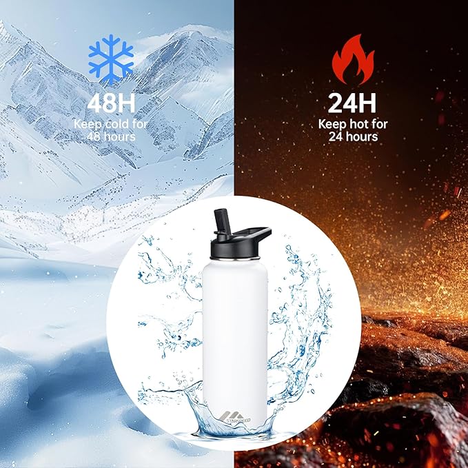 StarSpeed 40oz Insulated Water Bottle with Straws & 2 Lids, Stainless Steel Double Walled Vacuum Water Flask, Wide Mouth Sports Water Bottle for Gym Camping Hiking, White