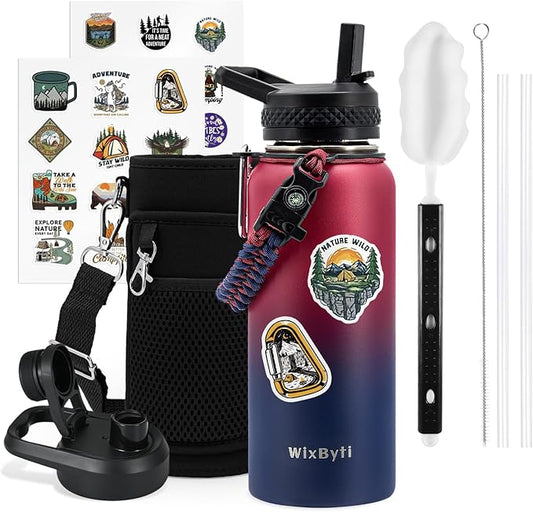 32 oz Insulated Water Bottle with Straw, Stainless Steel Triple Wall Vacuum Sports Water Jug, Leakproof Hydro Cup Flask with Paracord Handle & Straw Spout Lids & DIY Stickers