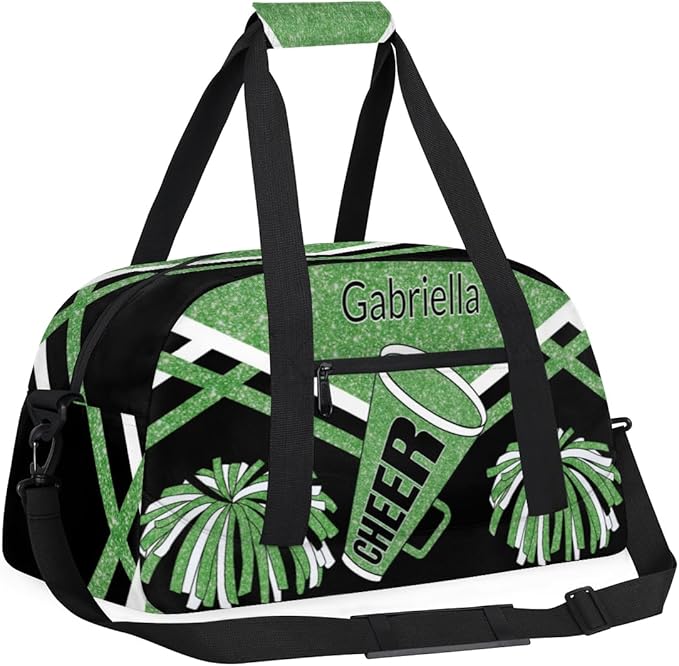 Custom Name Cheerleader Gym Bag for Kids Girls, Personalized Dance Sport Duffel Gymnastics Bag Travel Weekender Outdoor Tote Carry-On Bag, Green Black Glitter Sequins