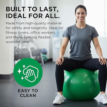 THERABAND Exercise Ball, Stability Ball with 65 cm Diameter for Athletes 5'7" to 6'1" Tall, Standard Fitness Ball for Posture, Balance, Yoga, Pilates, Core, & Rehab, Green