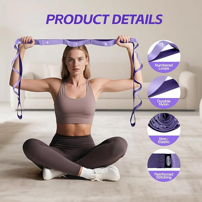 Non Elastic Stretching Strap with Loops - Yoga Straps for Physical Therapy, Durable Stretch Bands for Exercise, Flexibility Training, Hamstring & Leg Stretcher, Yoga/Pilates/Gymnastics