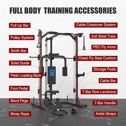 FAGUS Smith Machine Home Gym Power Cage with Pulley System, Space Saving Design Squat Rack with Full Body Strength Training Attachments, PEC Station & Fixed Cable Crossover Optional