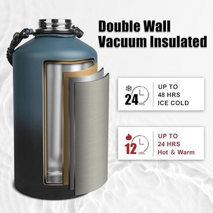 1 Gallon Insulated Water Bottle, Keeps Cold 24H & Hot 12H, Straw Lid & Paracord Handle, 128 oz Double Wall Leak-proof BPA Free, Powder Coated