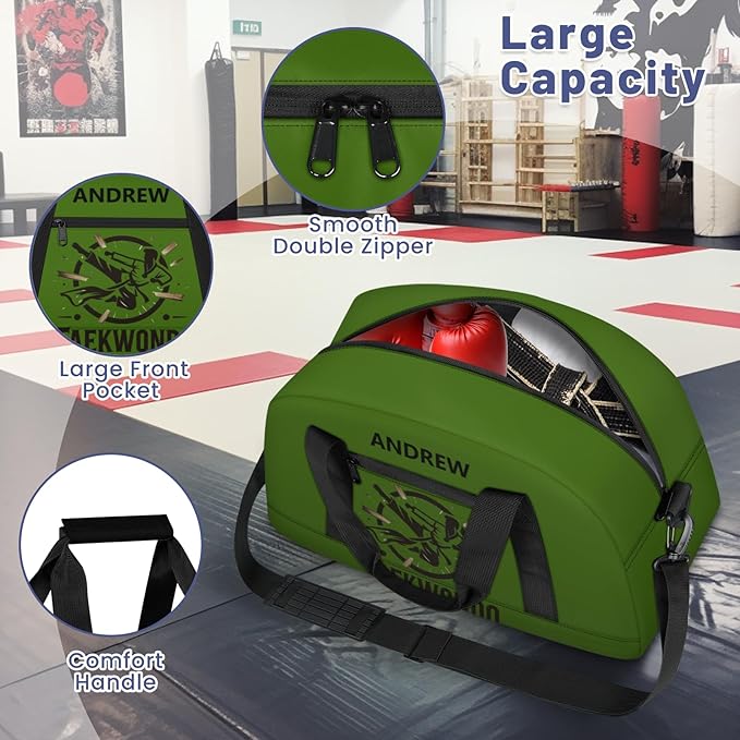 Custom Name Taekwondo Karate Duffle Bag for kids Boy Girls - Personalized Martial Arts Gear Bag, Water-Resistant Sparring Equipment Bag, Taekwondo Green