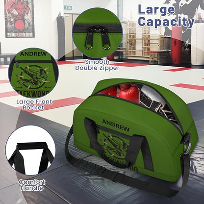 Custom Name Taekwondo Karate Duffle Bag for kids Boy Girls - Personalized Martial Arts Gear Bag, Water-Resistant Sparring Equipment Bag, Taekwondo Green